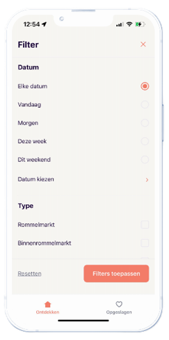 Bazaarzoeker app — filter op datum, type en regio